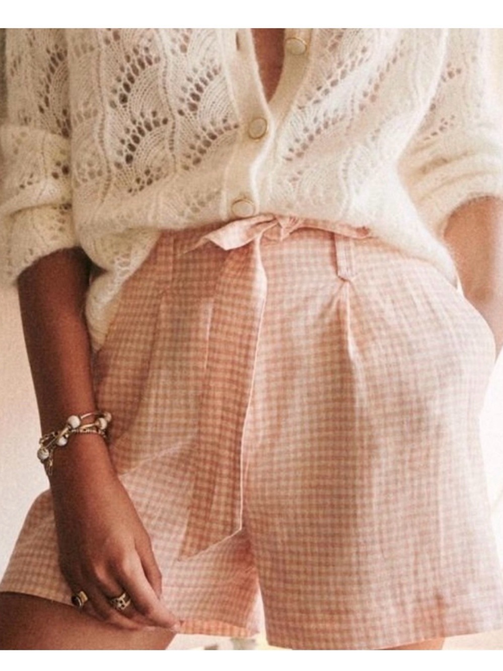 Sezane High-Waist Pink linen Gingham Tie-Waist Women's Shorts